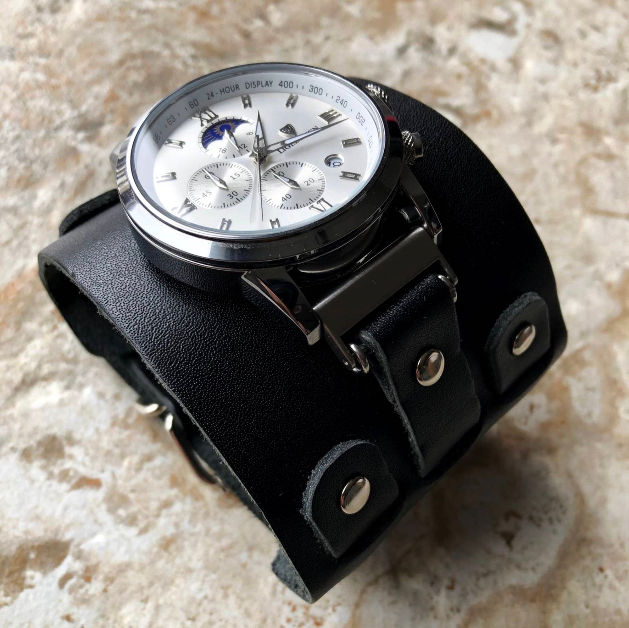 Black Cuff Bund Steampunk Wide Leather Band Strap for 18mm 19mm 20mm 21mm 22mm 23mm 24mm 25mm 26mm Traditional Casual Luxury Smart Watches